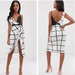 ASOS Design Black White Ruffle Grid Check Waterfall Bodycon Midi Dress SIze US14